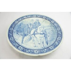 VGC Boch Freres Delfts Charger Plate Blue White Horse Carriage Scalloped Rim 16"